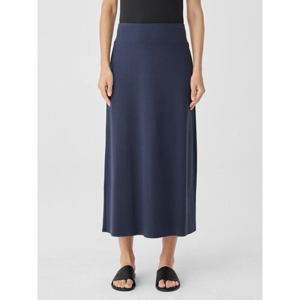 Eileen Fisher Sz Small Solid Navy Blue Tencel Stretch Jersey A-Line Long Skirt